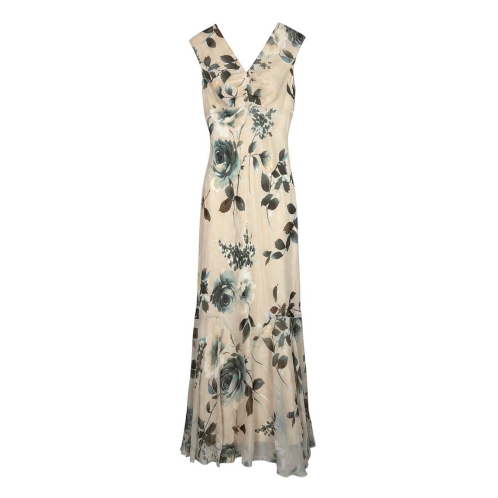 90's Spenser Jeremy Silk Maxi Dress Women 4 Beige New Floral Chiffon V-Neck Gown